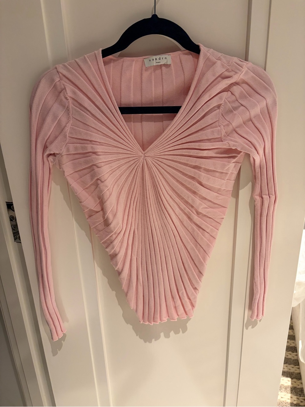 Sandro Light Pink Pleated V-Neck Ribbed Knit Top